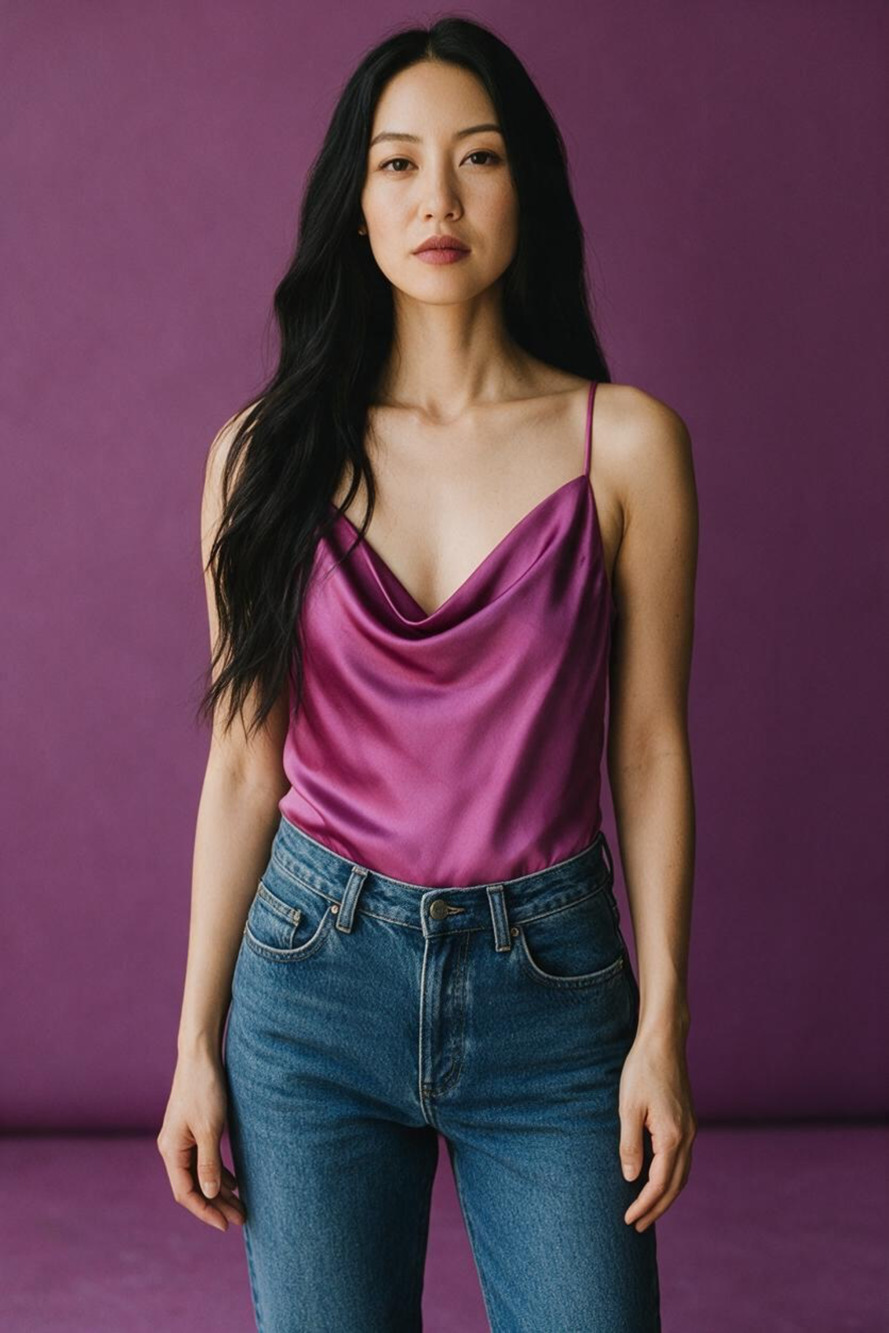 House of Harlow 1960 Bodysuit Size L Purple Satin Cowl Neck